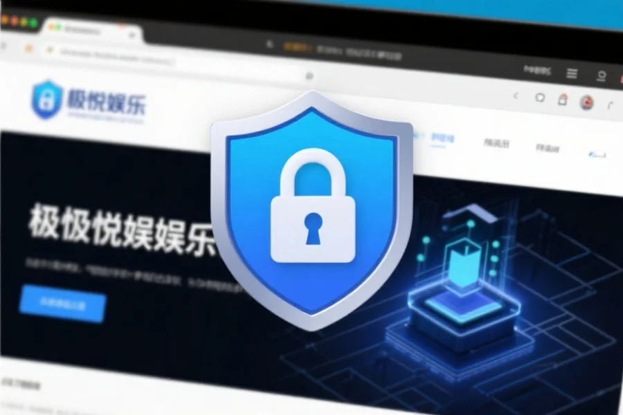网页安全盾牌图标与锁头叠加在极悦娱乐官网主页截图上，突出安全保障主题