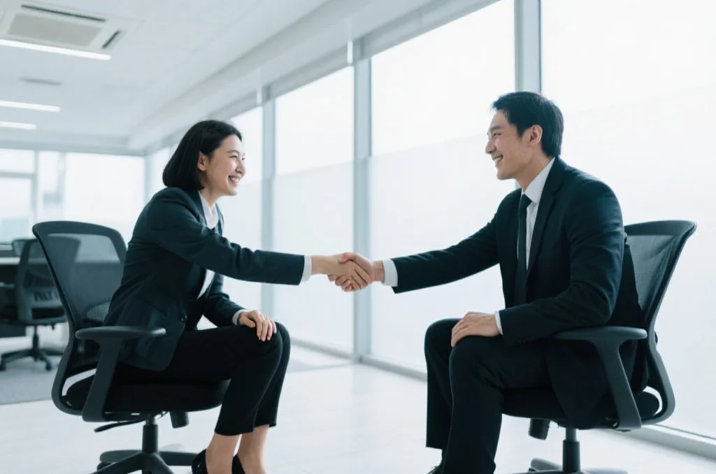 一位商务人士与合作伙伴在现代办公室坐在一起，握手微笑，表达合作与共赢的氛围