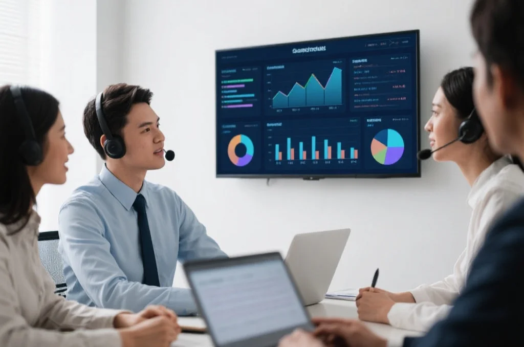 专业的客户服务团队正在办公室为合作伙伴提供支持，屏幕上显示数据分析报告